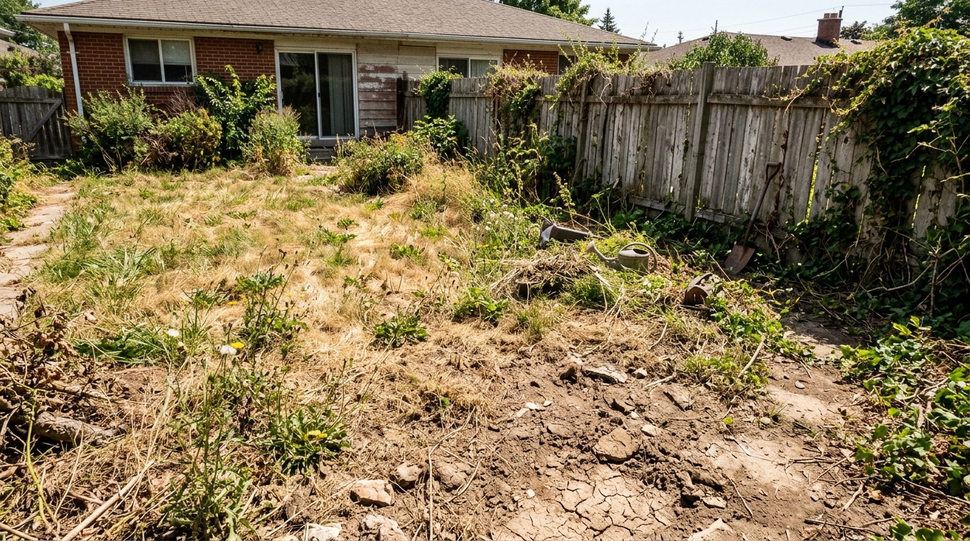 Patchy and overgrown lawn before E V Landscape's transformation